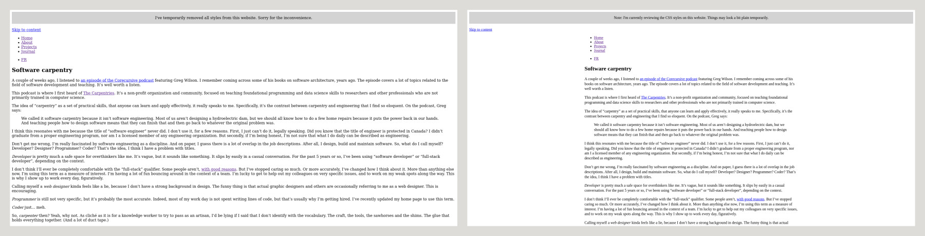 A side by side comparison of a page from this website, showing minor updates between day 1 and day 2